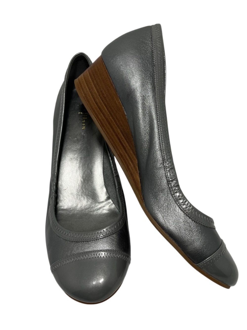 Cole Haan Wedge Ballet Leather Slip On Pumps Cap Toe Womens 10.5B Silver